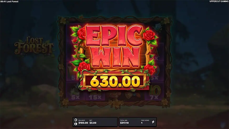 Bold “EPIC WIN” text in glowing red with roses and vines, appearing over a darkened reel filled with highlighted symbols.