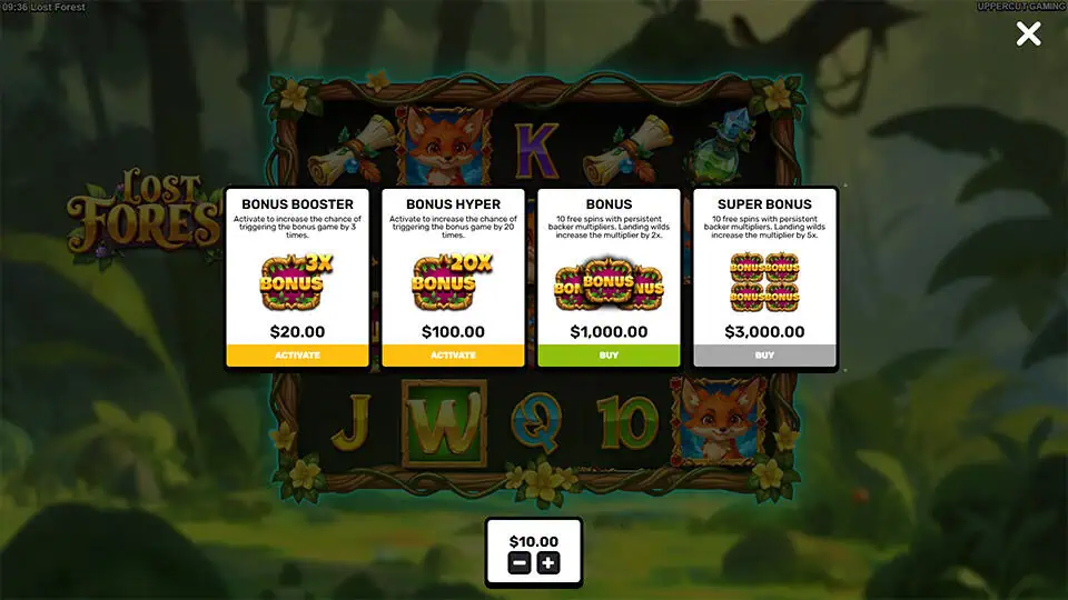 Bonus buy screen with four options including Bonus Booster and Super Bonus, featuring persistent multipliers and increasing wild effects.