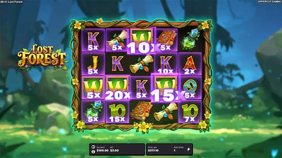 Bonus round gameplay showing highlighted reels with multipliers like 5x, 10x, 15x, and 20x applied behind Wild and premium symbols.