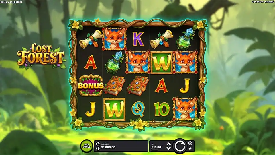 5x4 slot grid framed by vines, featuring forest-themed symbols like foxes, scrolls, potions, and bonus icons glowing in the heart of the jungle.