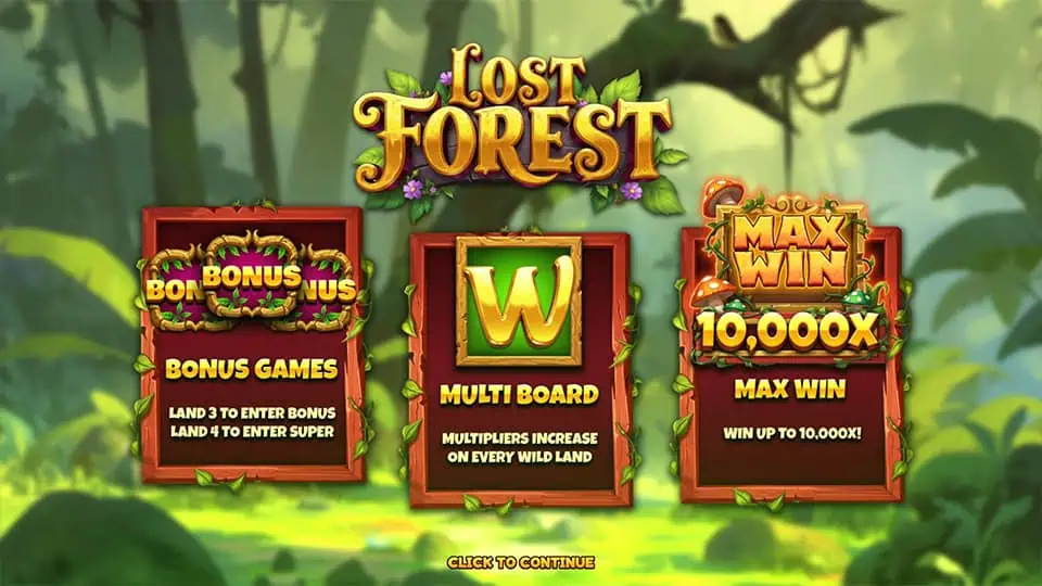 Intro panel showcasing Bonus Games, Wild Multiplier Boards, and a max win of up to 10,000x in a magical forest setting.