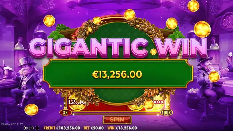 Celebration screen with golden coins flying around and "GIGANTIC WIN" in bold pink letters.
