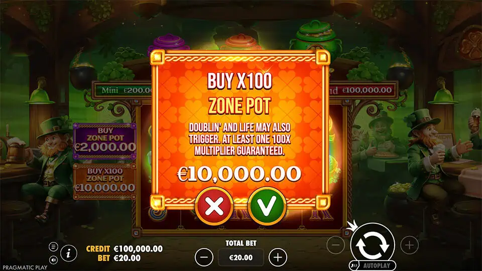 Buy feature screen offering access to x100 Zone Pot with 100x multiplier guaranteed.