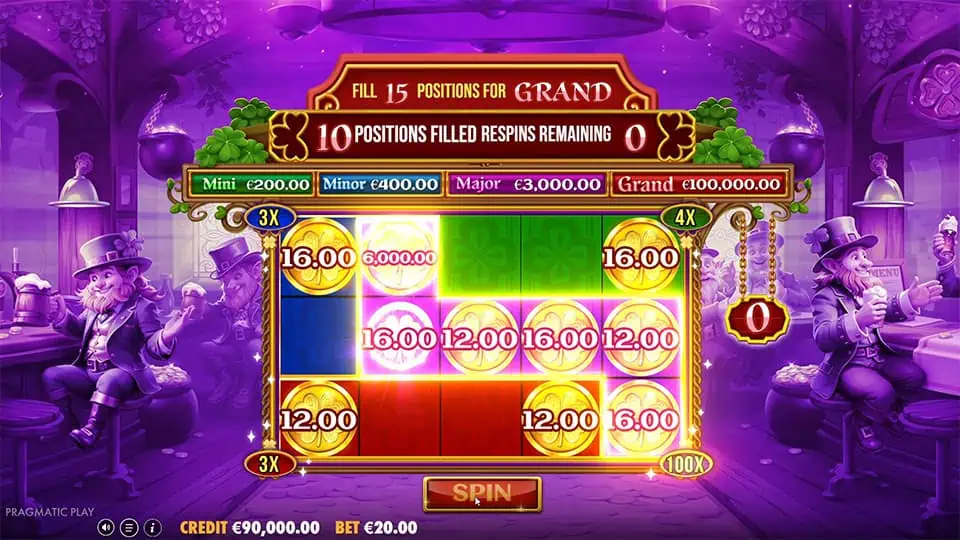 Bonus round with sticky coins and visible multipliers including 3x, 4x, and 100x zones.