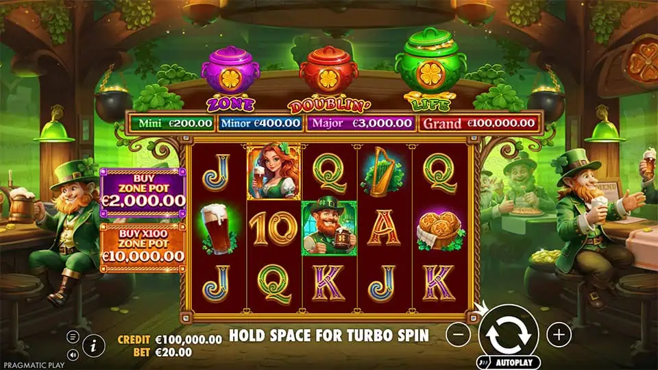 Main game with themed symbols like pints, harps, hats, and red-haired characters in a festive bar setting.