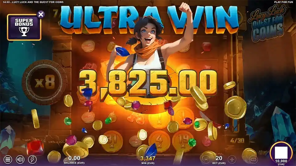 “ULTRA WIN” text bursts out behind Lucy with arms raised, surrounded by flying coins and gems against a glowing gold coin wall.