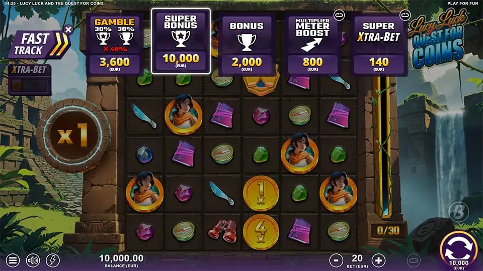 Bonus buy panel displaying options like Super Bonus, Multiplier Meter Boost, and Xtra-Bet, with prices and trophy icons over the grid.