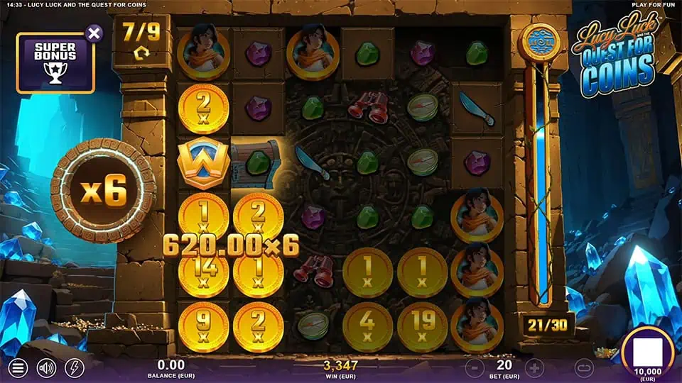 Bonus round with coin symbols landing and forming clusters, while a multiplier wheel shows x6 activated on the side.