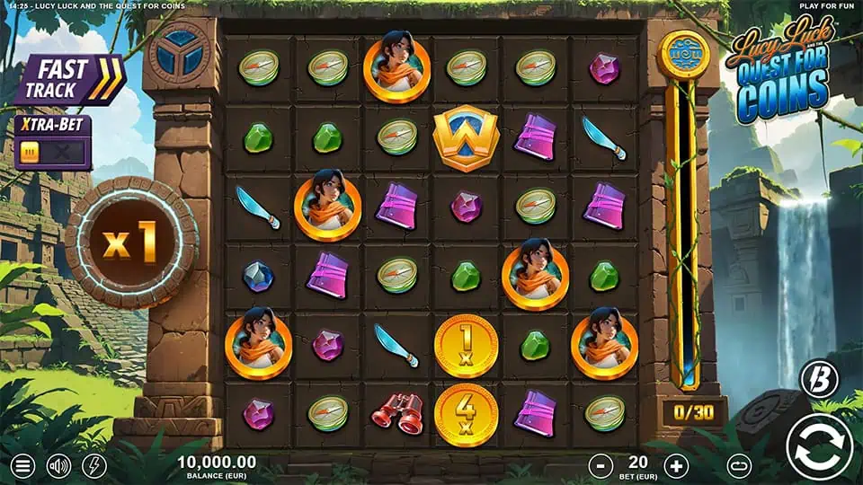 6x6 grid filled with jungle-themed symbols like knives, gems, coins, and Lucy portraits, with a win meter and waterfall backdrop.