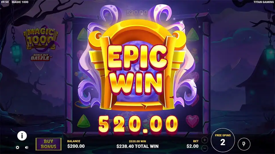 Bright “EPIC WIN” message bursts across the screen in golden-yellow, floating over faded reels and glowing magical effects.