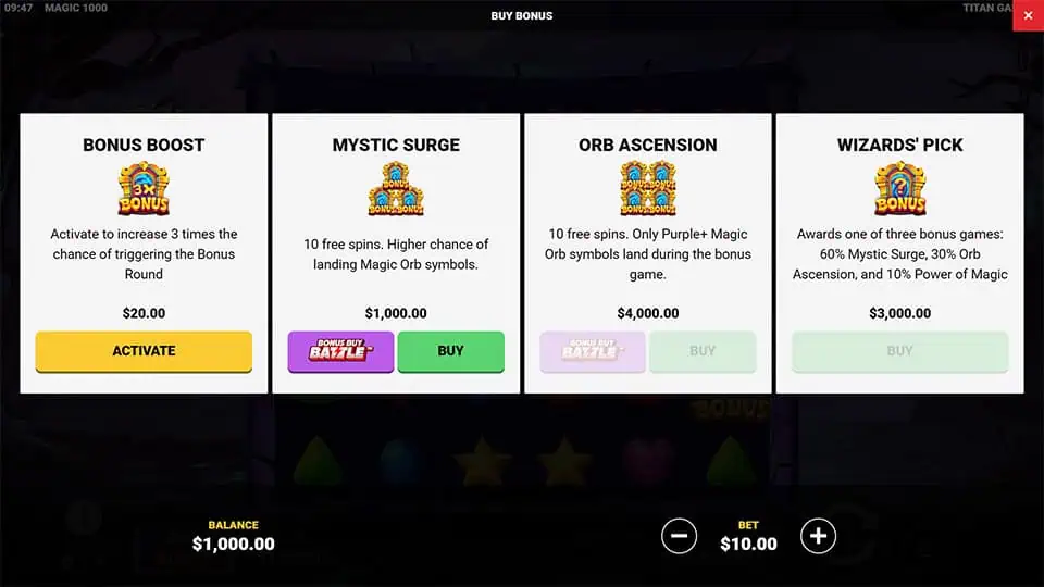 Bonus buy screen offering four modes like Bonus Boost, Mystic Surge, and Orb Ascension, each with different orb drop rates and volatility.