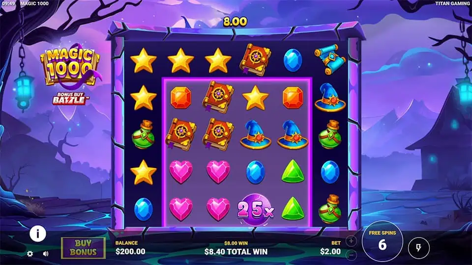 Bonus spin showcasing a glowing 25x orb on the reels surrounded by wizard gear and gems during a tumble sequence.