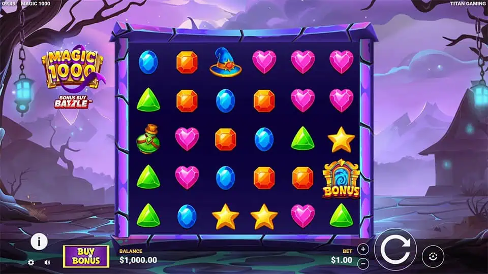 Main grid packed with vibrant gems, potions, stars, and bonus symbols, set against a glowing purple fantasy landscape with eerie lanterns.