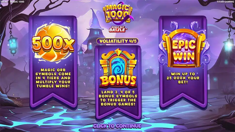 Feature panel introducing Bonus Games, Magic Orbs up to 500x, and a max win of 25,000x, framed in purple banners.