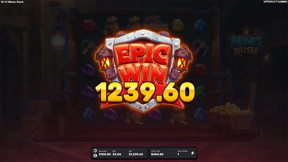 Epic Win screen in Mines Rush with a glowing shield emblem and lanterns, set against the reels inside a mine.