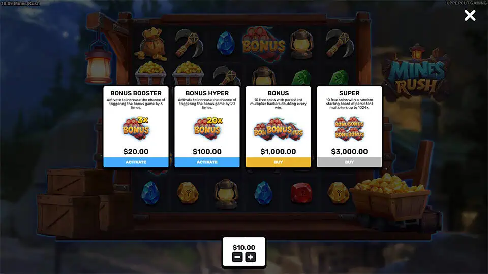 Bonus buy menu in Mines Rush offering options like Bonus Booster, Bonus Hyper, Bonus, and Super modes.
