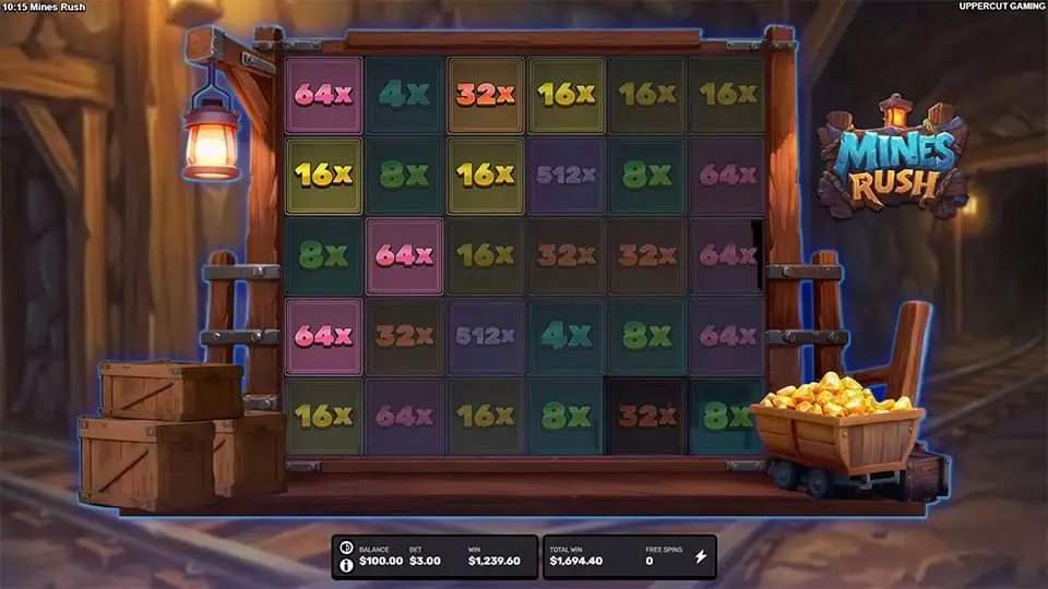 Mines Rush feature screen showing a full grid of colorful tiles with visible multipliers ranging from 4x to 512x and 1024x.