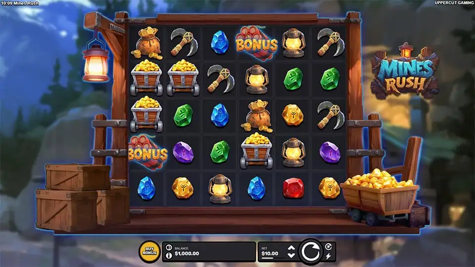 Base game of Mines Rush slot showing mining carts, tools, gems, and bonus symbols on a wooden-framed grid.