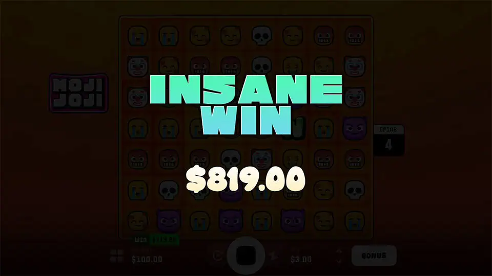 Insane win screen in Moji Joji slot with large glowing text and a blurred emoji board background.