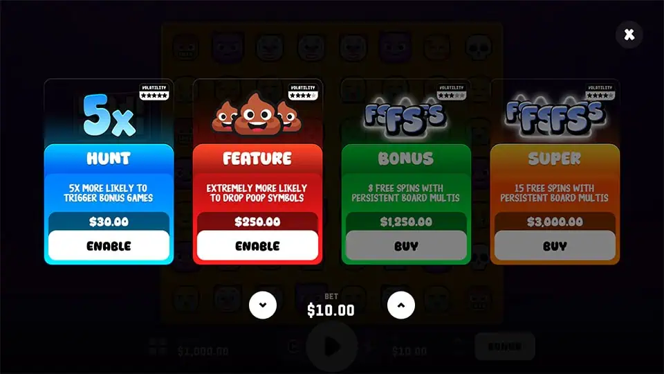 Bonus buy menu in Moji Joji slot offering Hunt, Feature, Bonus, and Super spins options with increasing volatility levels.
