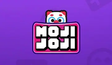 Moji Joji slot logo featuring bold white block letters with a peeking emoji character, set on a purple background with faint gaming icons.