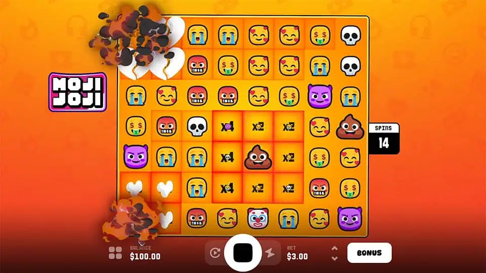 Poop Feature in Moji Joji slot showing exploding poop emojis that turn surrounding tiles wild and boost board multipliers.