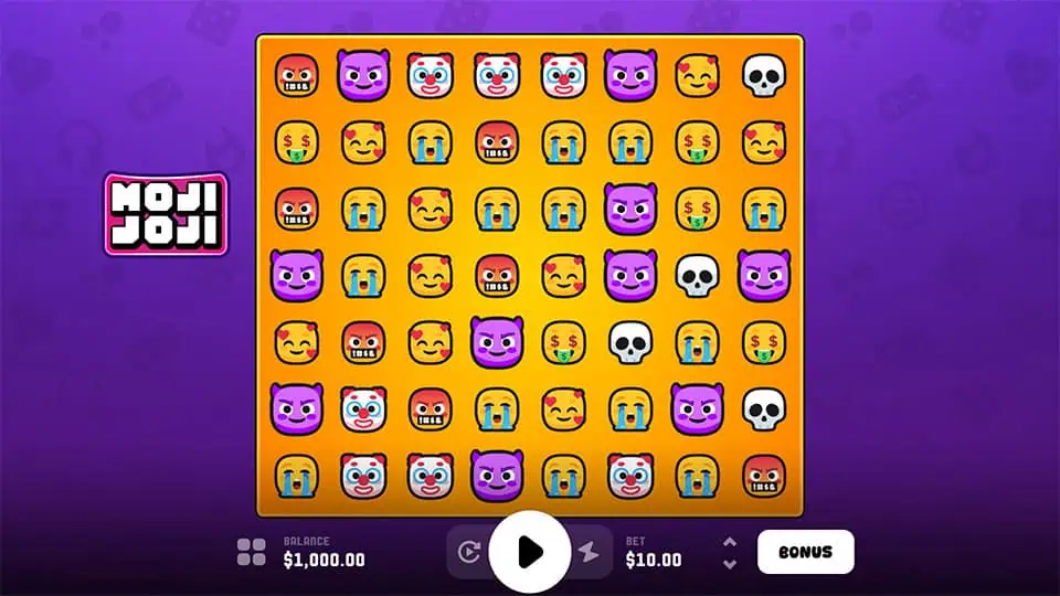 Base grid of Moji Joji slot displaying various emoji symbols like devils, clowns, crying faces, and skulls on a vibrant orange board.
