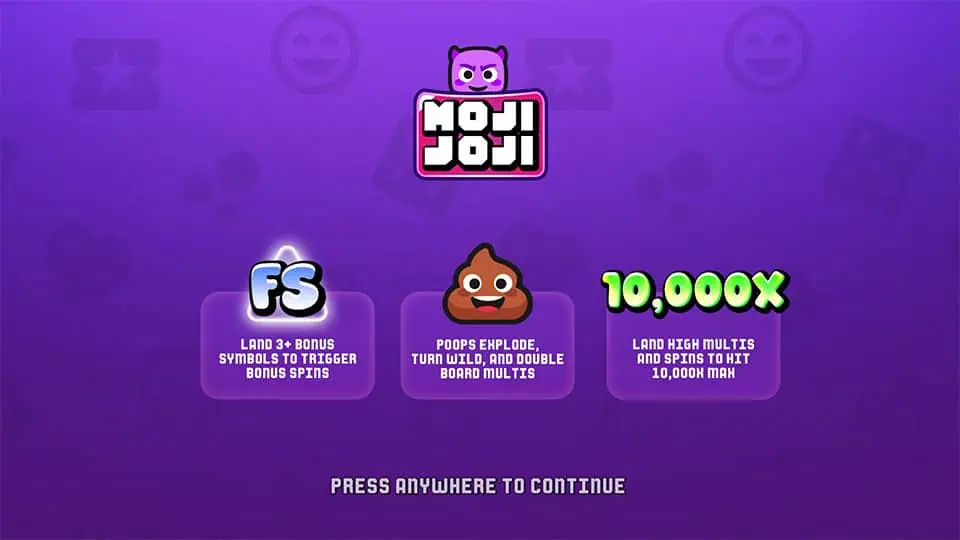 Intro panel for Moji Joji slot explaining bonus symbols, poop explosions that double multipliers, and the 10,000x max win potential.