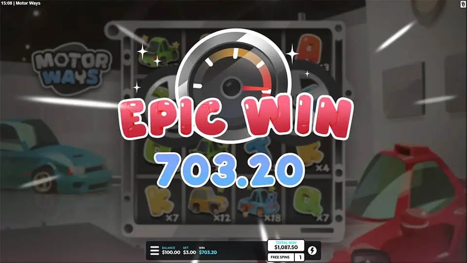 Epic Win screen in Motor Ways slot with a speedometer gauge and bold red text, showcasing a winning spin celebration.