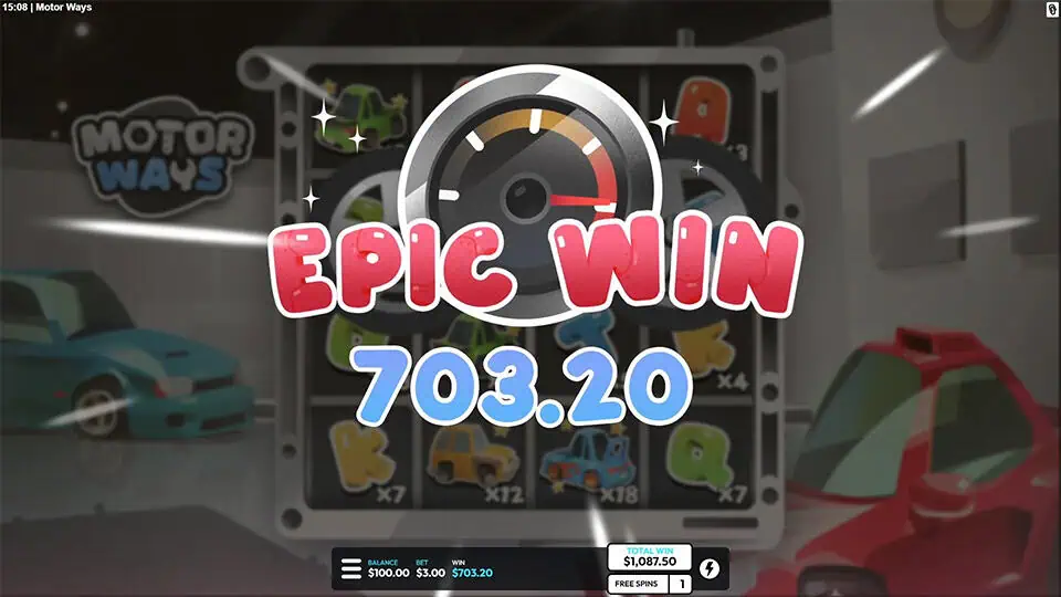 Epic Win screen in Motor Ways slot with a speedometer gauge and bold red text, showcasing a winning spin celebration.