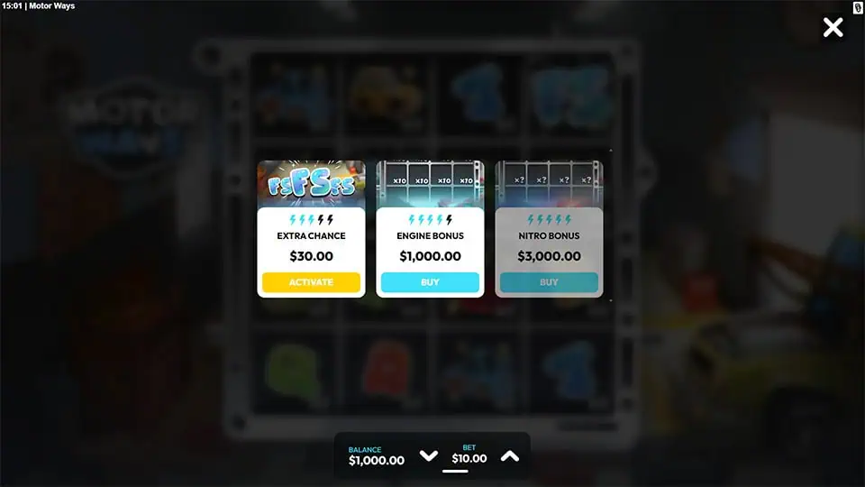 Bonus buy menu in Motor Ways slot offering Extra Chance, Engine Bonus, and Nitro Bonus for enhanced feature access.