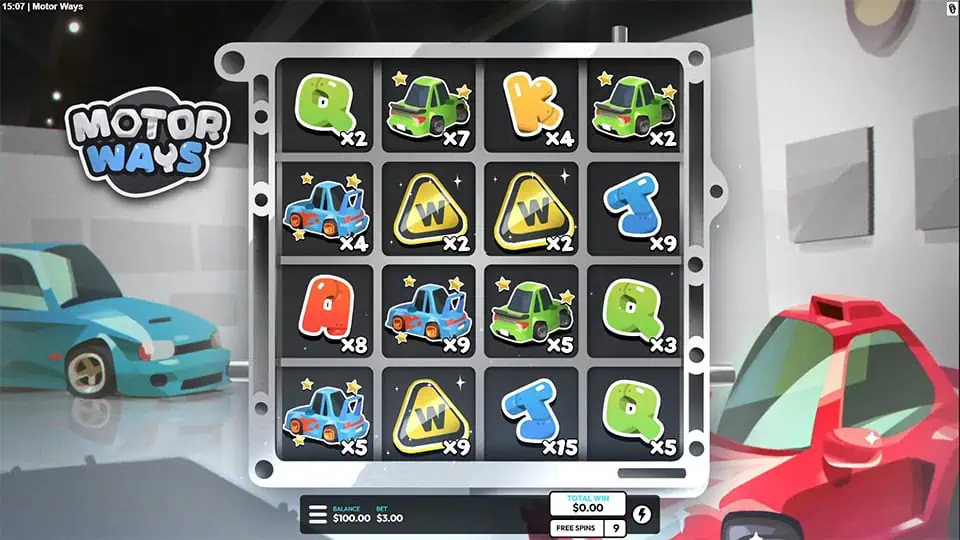 Highlighted Ways Multiplier mechanic in Motor Ways slot with multiple x multipliers active across various symbol positions.