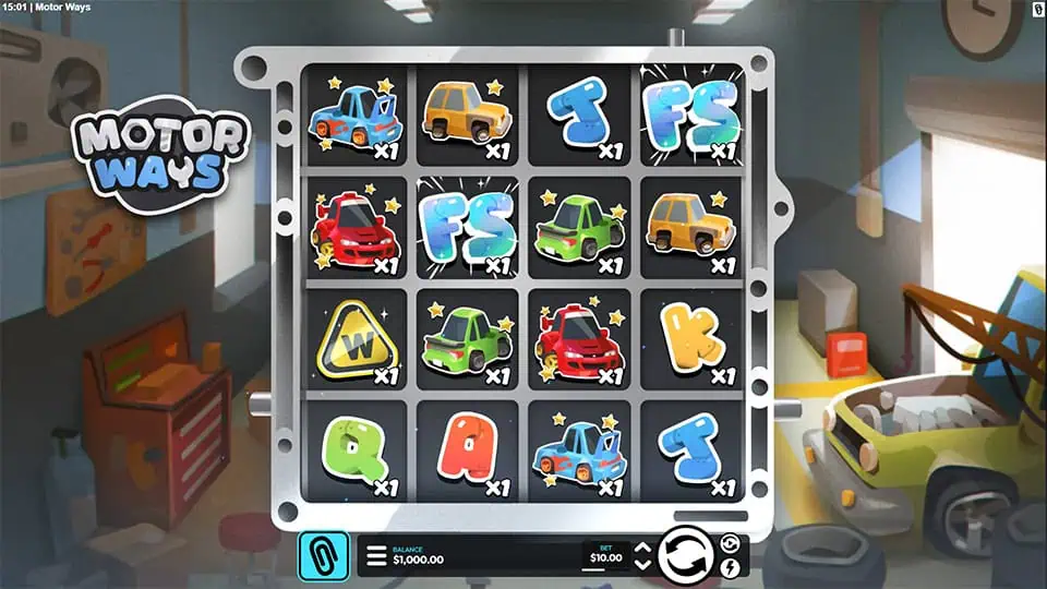 Base gameplay of Motor Ways slot featuring colorful cartoon cars, letter symbols, and multiplier indicators on a garage background.