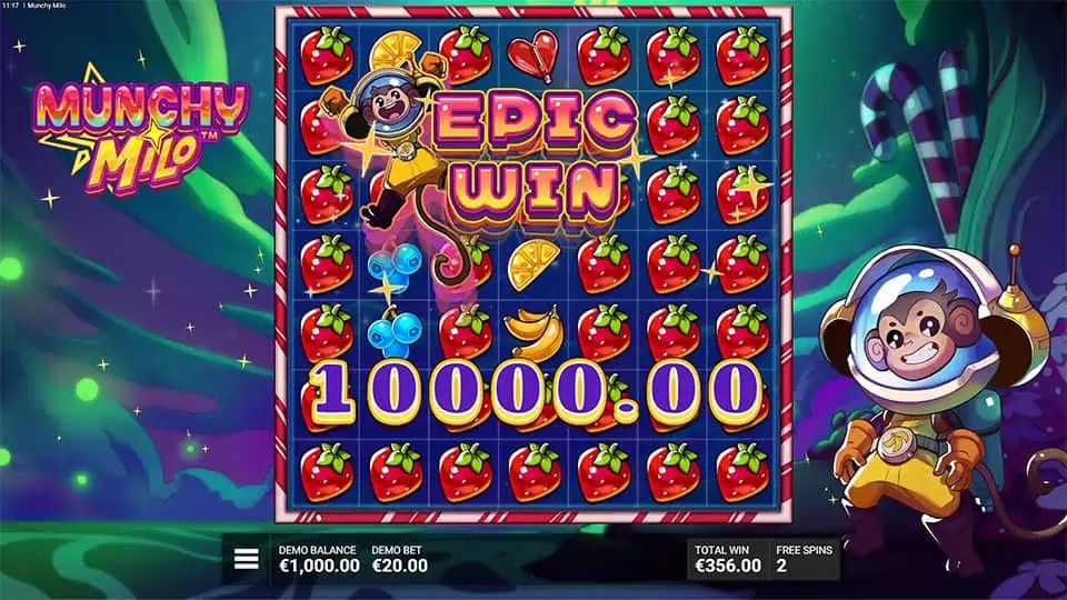 “EPIC WIN” text flashing across a strawberry-filled grid as Milo celebrates in a glowing candy forest backdrop.