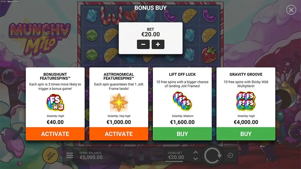 Bonus Buy menu displaying Bonus Hunt, Astronomical Free Spins, Lift Off Luck and Gravity Groove with activate and buy buttons.