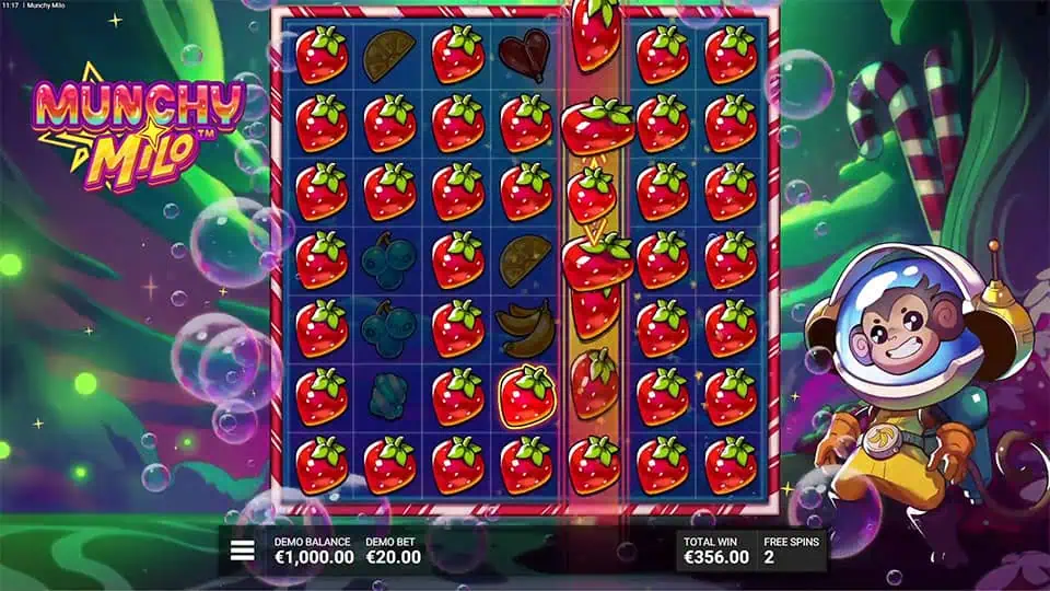 Grid showing expanding strawberry clusters with vertical Jolt Frame creating new winning combinations.
