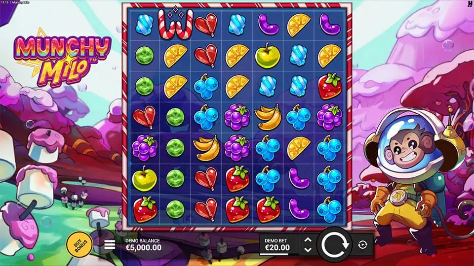 Main grid packed with fruit and candy symbols like strawberries, bananas and heart sweets beside the space-suited Milo character.