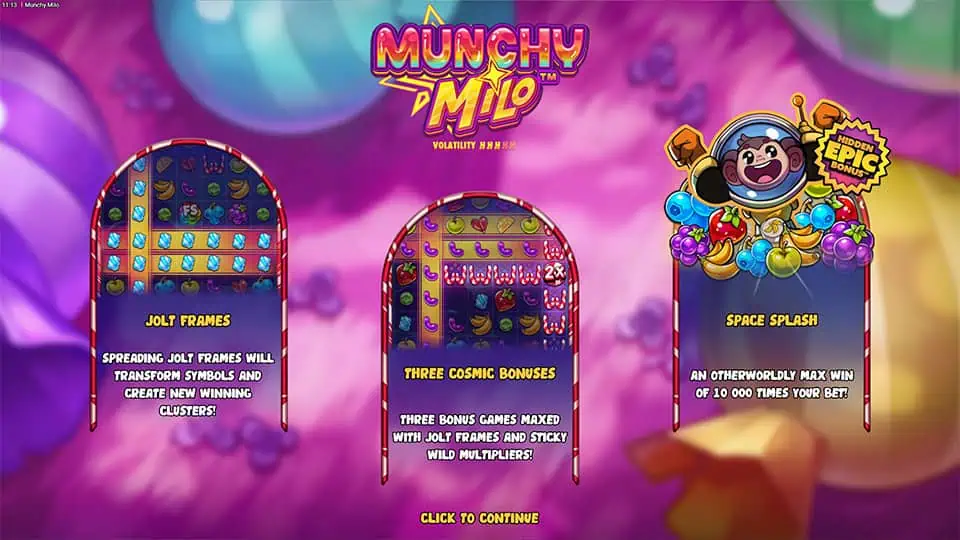 Feature panels highlighting Jolt Frames, Three Cosmic Bonuses and max win up to 10,000x in a vibrant candy universe.