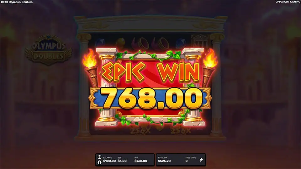 EPIC WIN screen in Olympus Doubles slot with red and gold columns, flaming torches, and bright yellow win display.