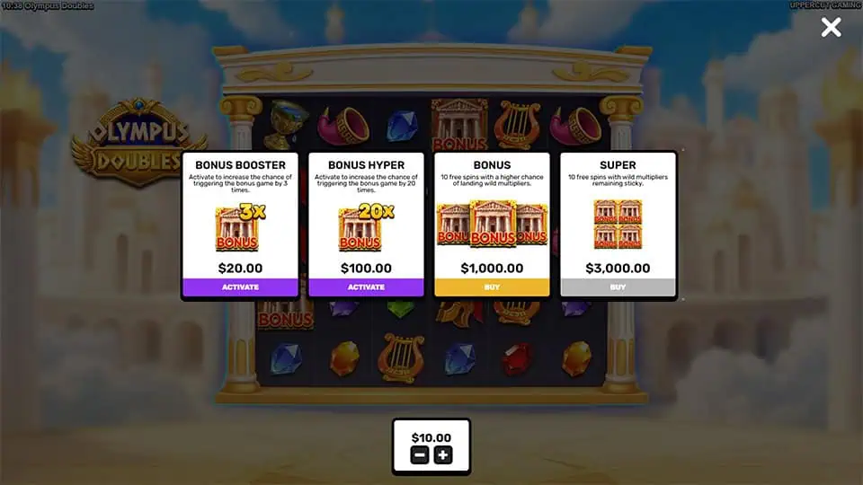 Olympus Doubles bonus buy menu with options including Bonus Booster, Bonus Hyper, and direct Bonus and Super buys.