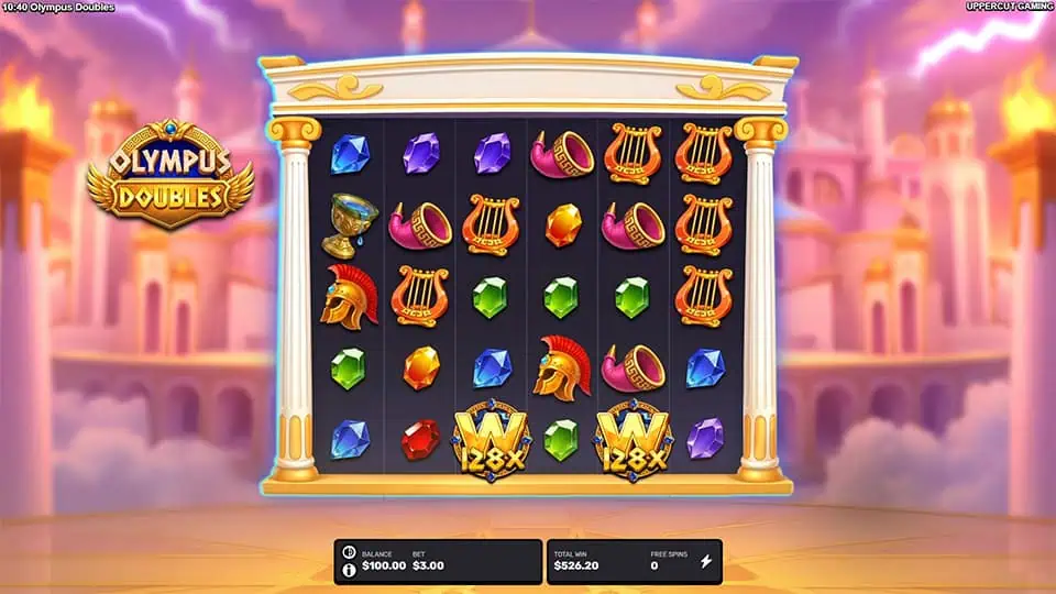Olympus Doubles gameplay with wild symbols showing stacked multipliers like 128x during spins on a temple backdrop.