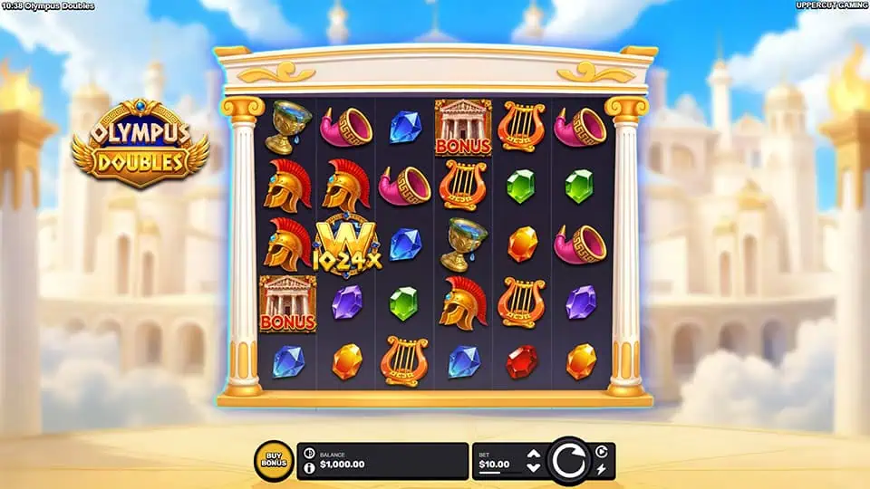 Base gameplay of Olympus Doubles slot showing Roman helmets, lyres, gems, and temple bonus symbols within golden pillars.
