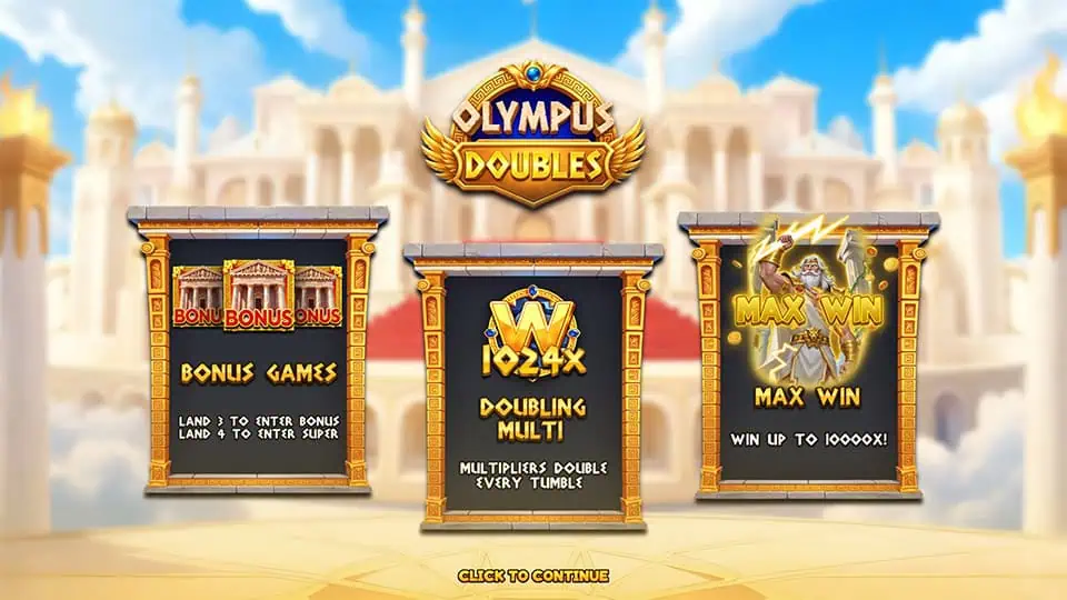 Intro panel for Olympus Doubles slot highlighting Bonus Games, Doubling Multiplier mechanic, and 10,000x max win.