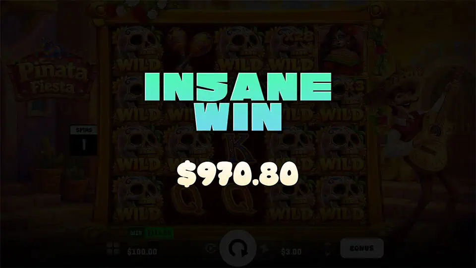 Big bold “INSANE WIN” text appears over a screen stacked with wild skulls and multipliers, with the background slightly dimmed for dramatic effect.
