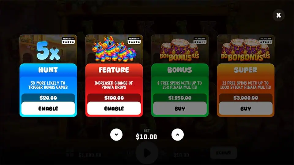 Bonus menu offering multiple purchase choices including piñata features, extra free spins, and increased bonus trigger chances.
