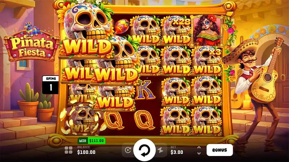 Gameplay showing reels covered in Wild skulls with multipliers like x28 and x3, enhancing potential payouts during bonus spins.
