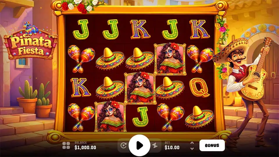 Colorful 5-reel layout with festive symbols like sombreros, maracas, and a Day of the Dead lady, set in a lively Mexican village with a guitarist on the right.