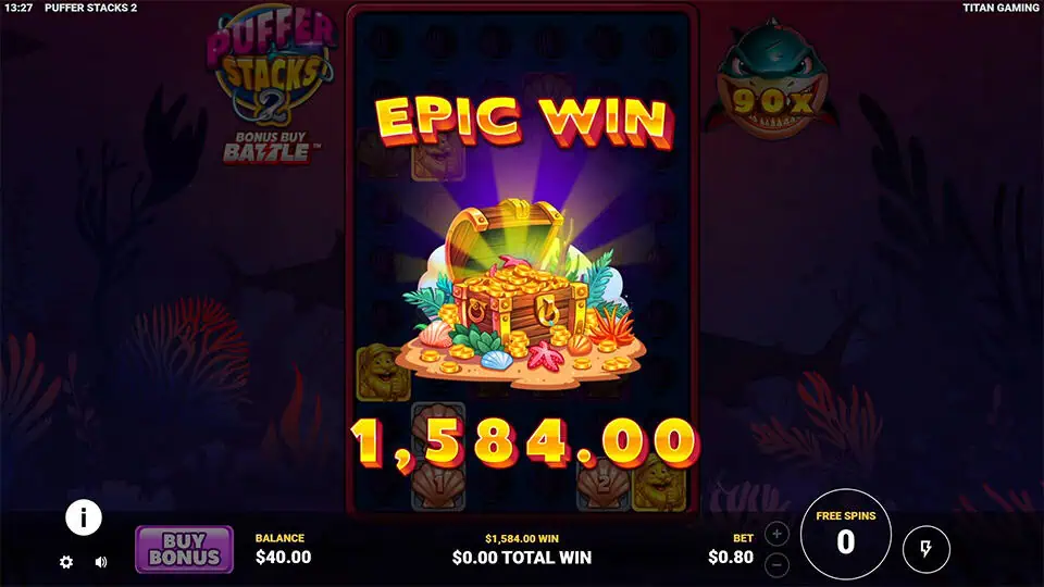 Epic win screen in Puffer Stacks 2 featuring a glowing treasure chest with bright text and deep-sea background.