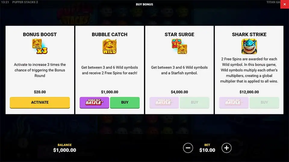 Bonus buy menu in Puffer Stacks 2 offering four features including Bonus Boost, Bubble Catch, Star Surge, and Shark Strike with unique mechanics.