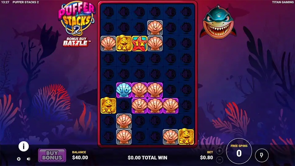 Bonus round in Puffer Stacks 2 showcasing the Starfish Symbol combined with wilds and multipliers on a dark ocean backdrop.